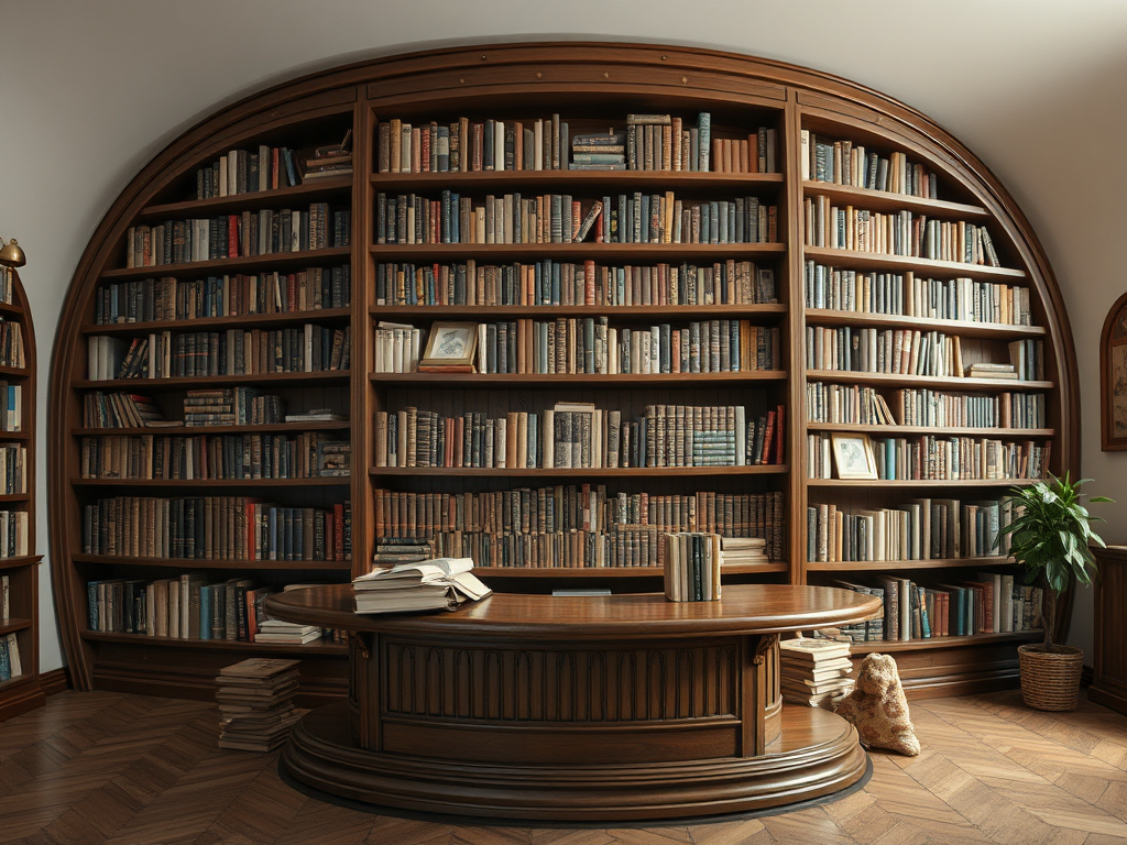 Элегантная библиотека с деревянными полками, заполненными книгами, и уютным столом в центре.