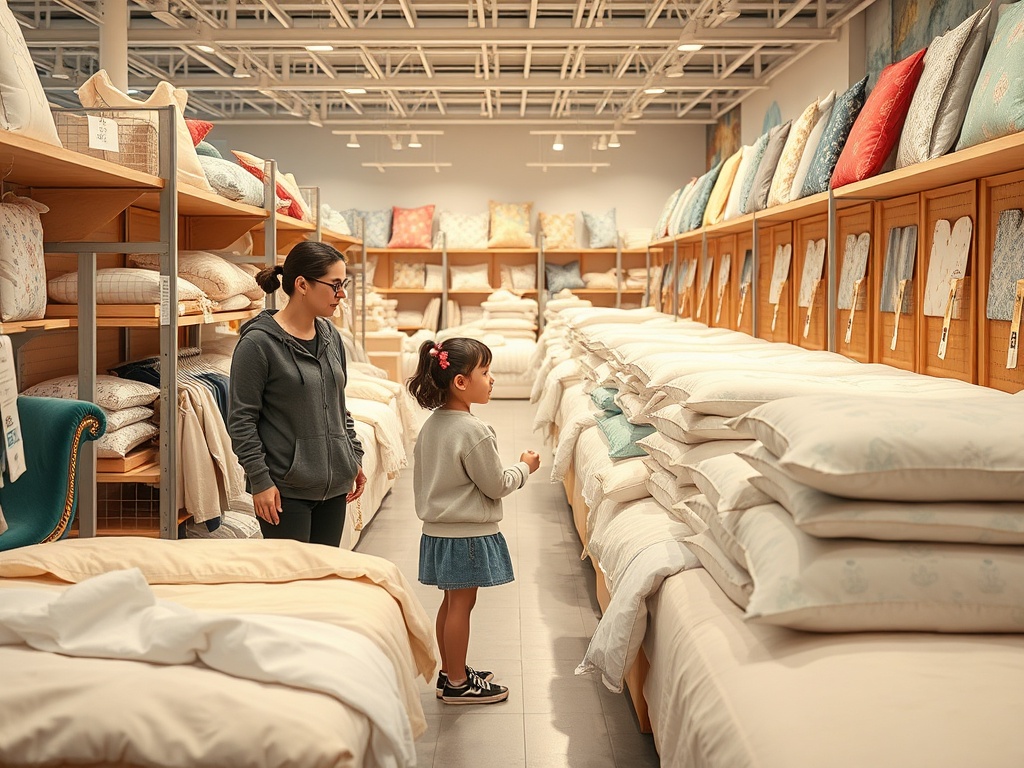 На изображении мама и дочка выбирают подушки в магазине текстиля. Вокруг много различных покрывал и подушек.