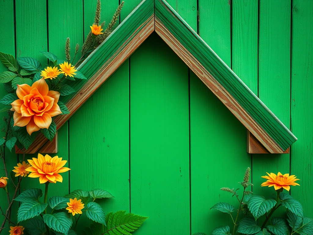 Зеленая стена с деревянным карнизом и яркими цветами, создающими атмосферу уюта и природы.