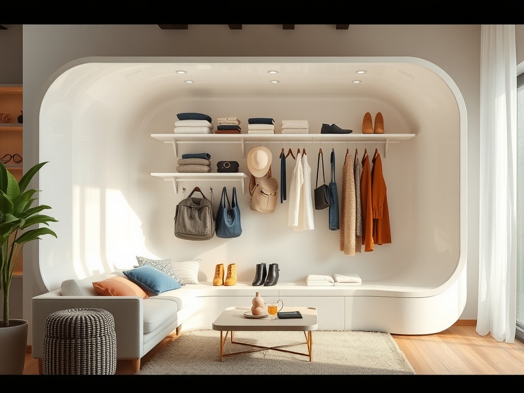 Современный интерьер с диваном, полками для одежды и аксессуарами, уютное освещение и зеленый декор.