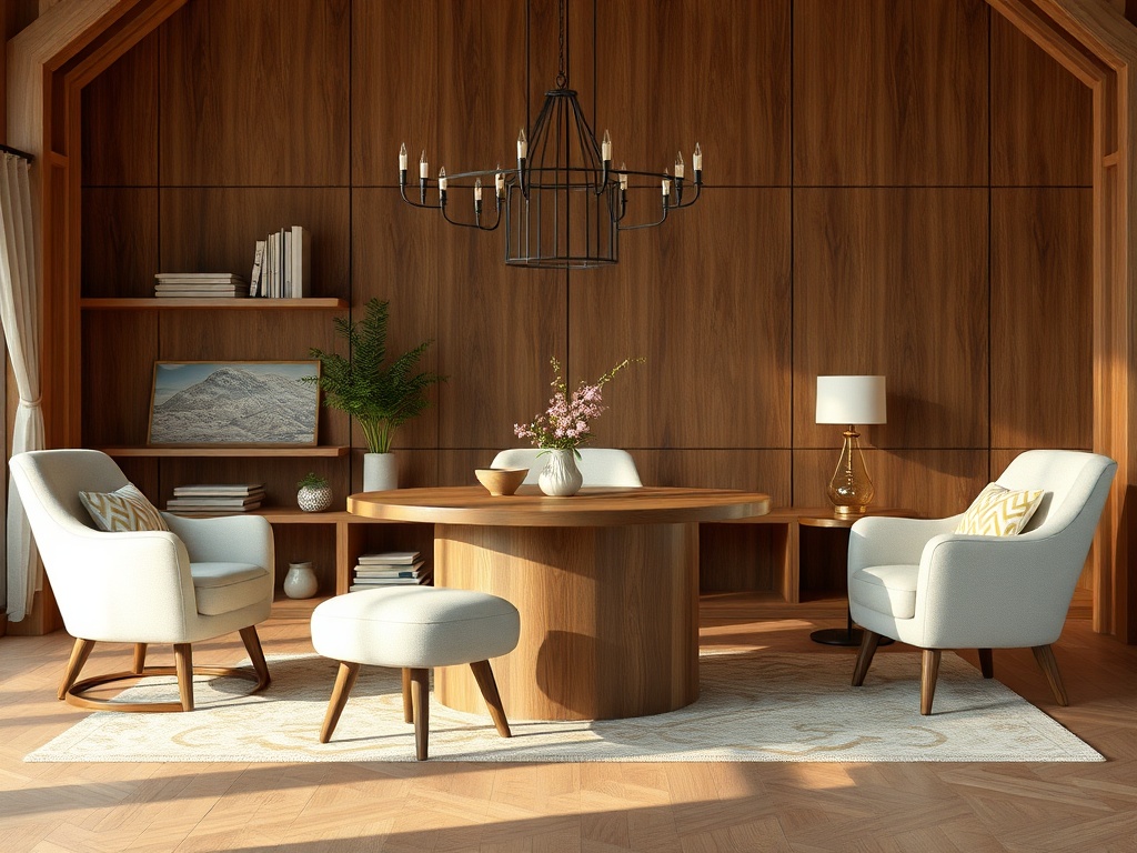 Современный уютный интерьер с деревянными стенами, круглый стол и светлые кресла в комнате.