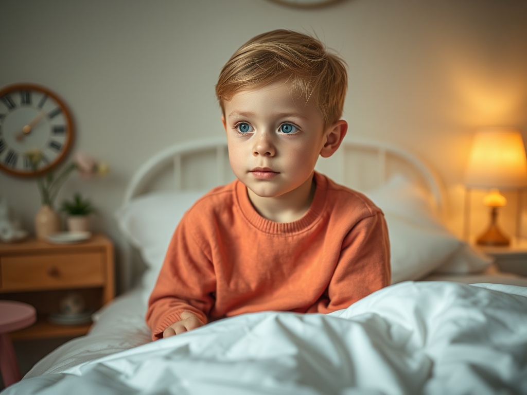 Мальчик в оранжевом свитере сидит на кровати и задумчиво смотрит вперед в уютной комнате.